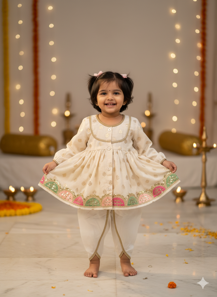 Chanderi Silk Angrakha Kurta & dhoti Set for kids