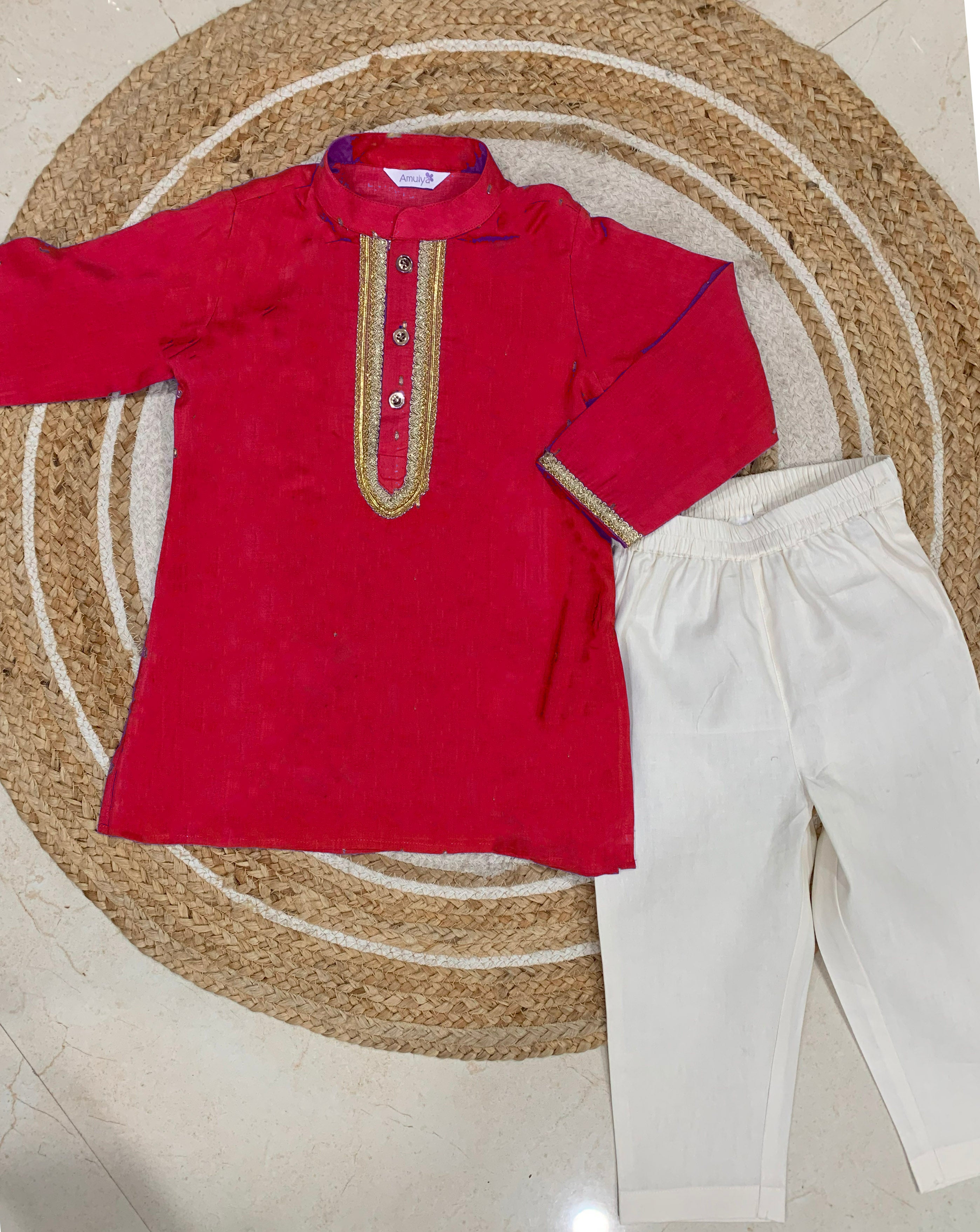 Sequin work red Kurta & pajama Set for boys