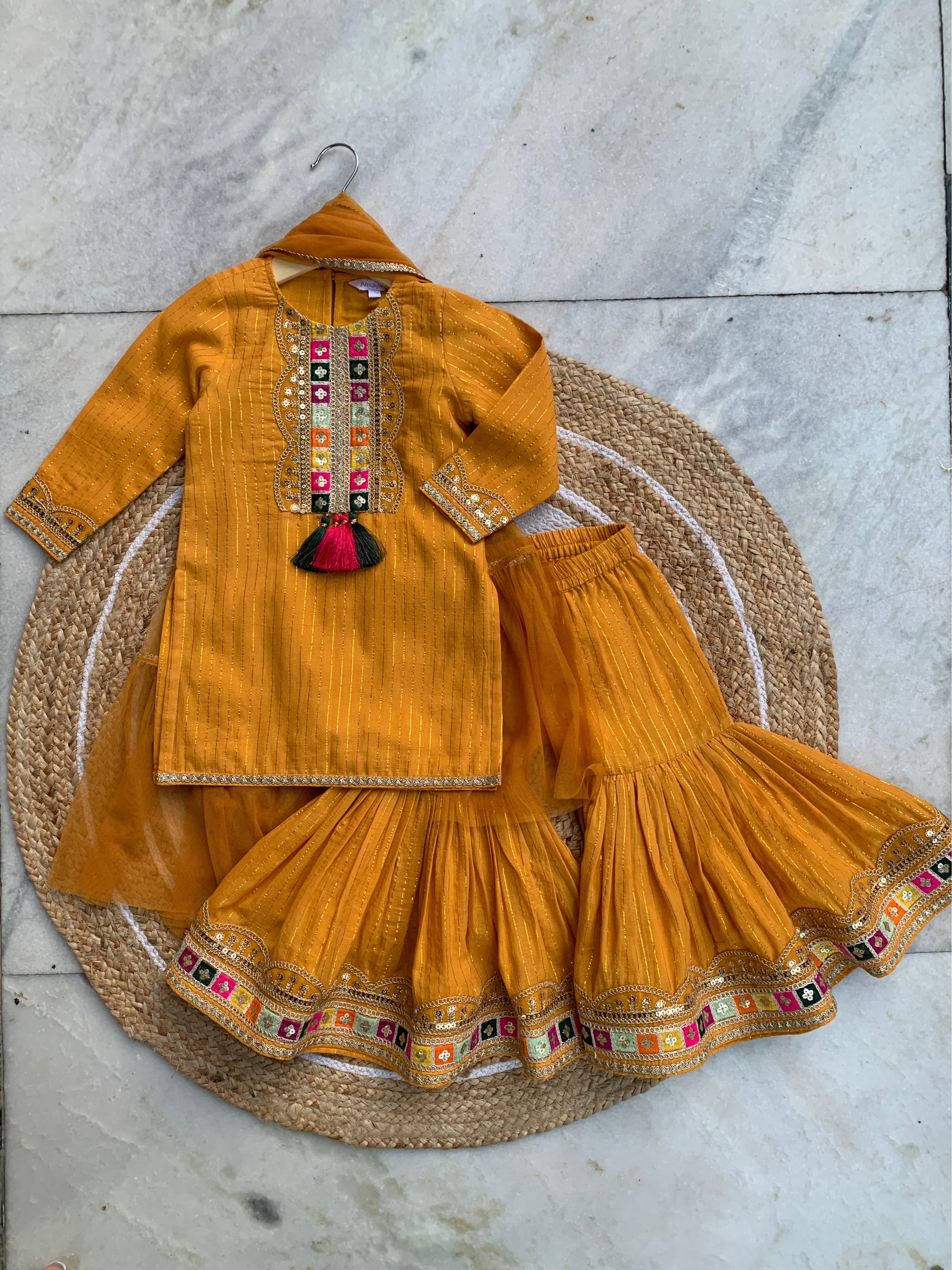 Multicolor Embroidered Girls Garara set in Shimmer