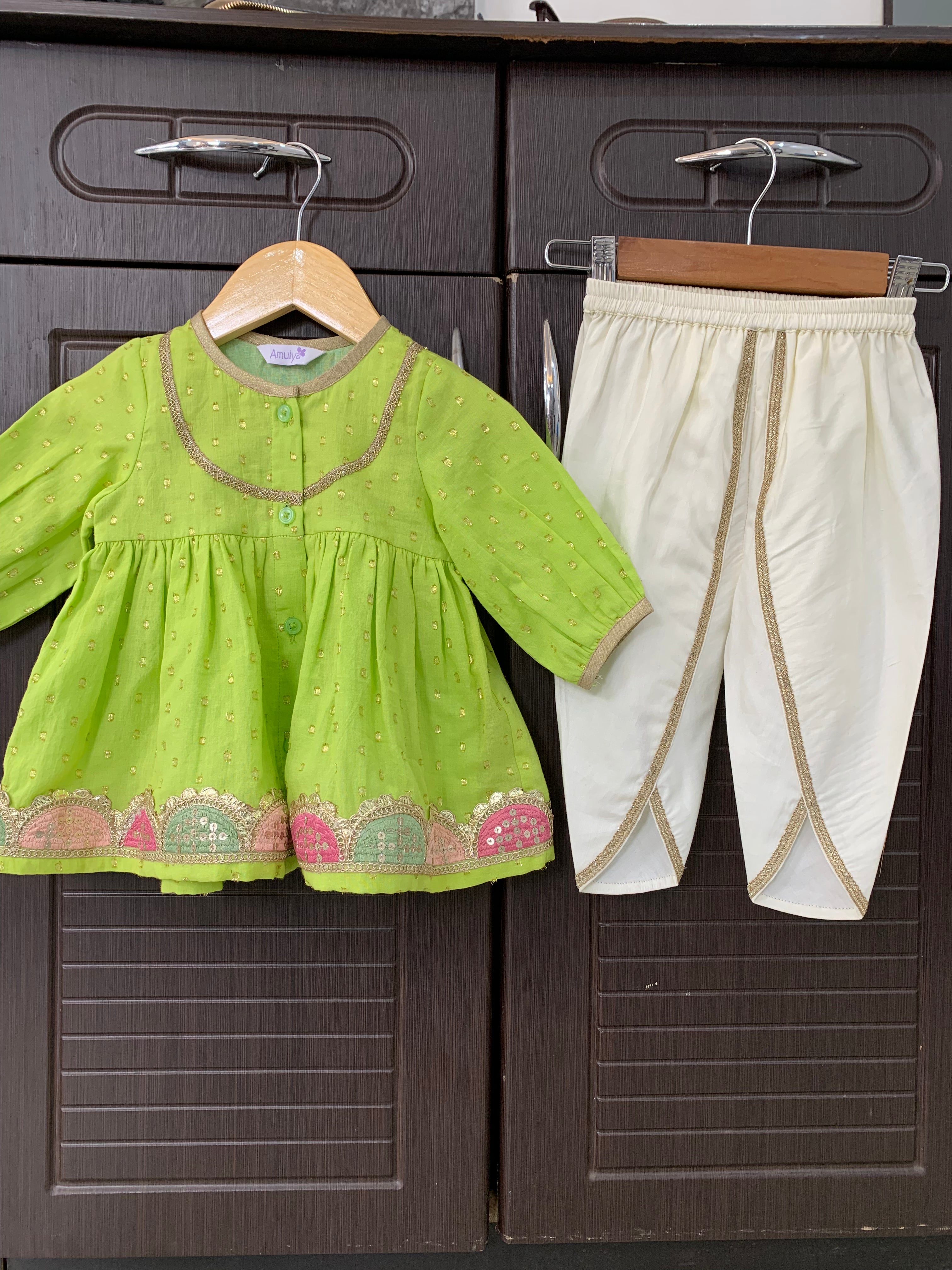 Embroidered Angrakha Kurta & dhoti Set for kids -green