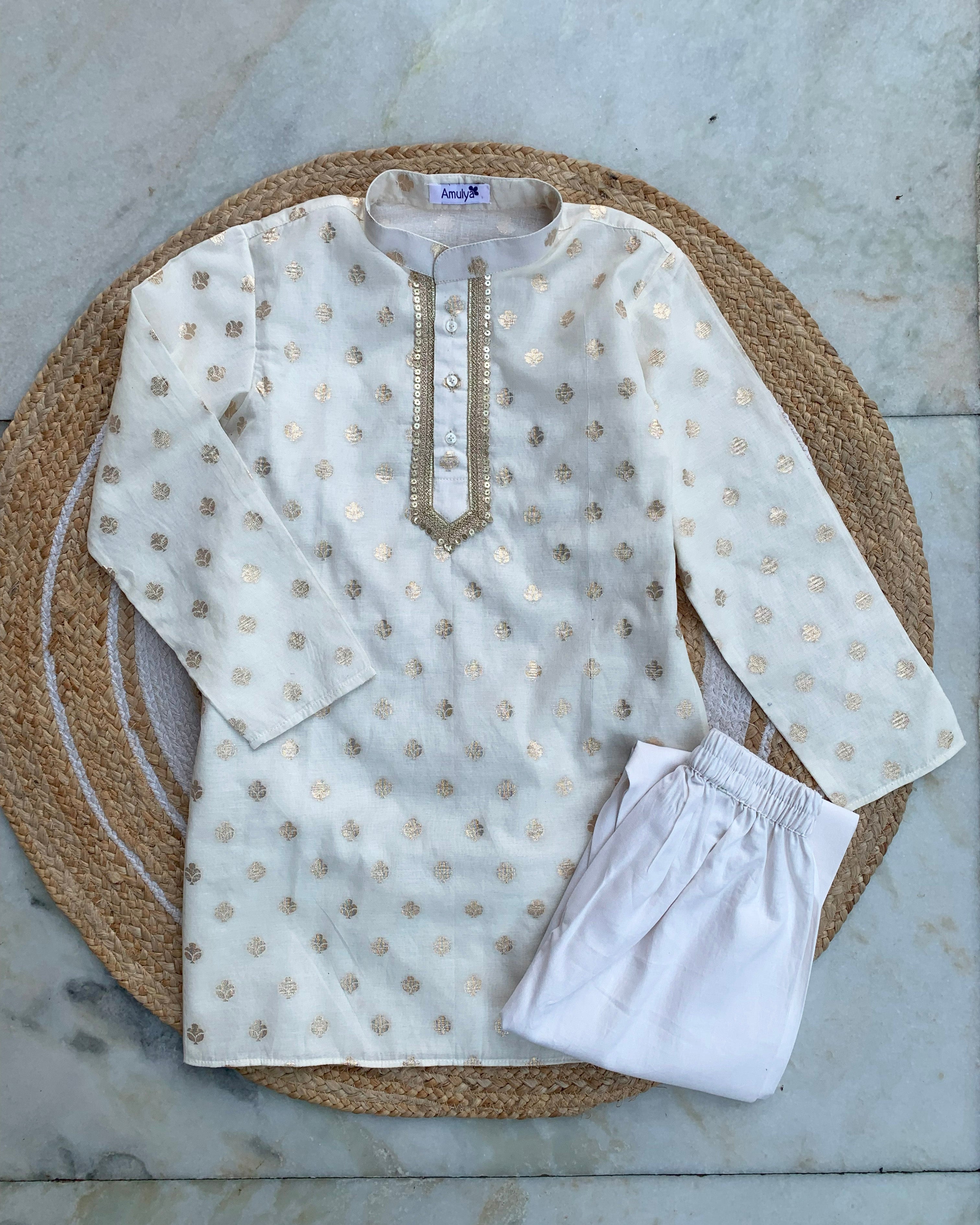 Sequin work Ivory Kurta & pajama Set for boys