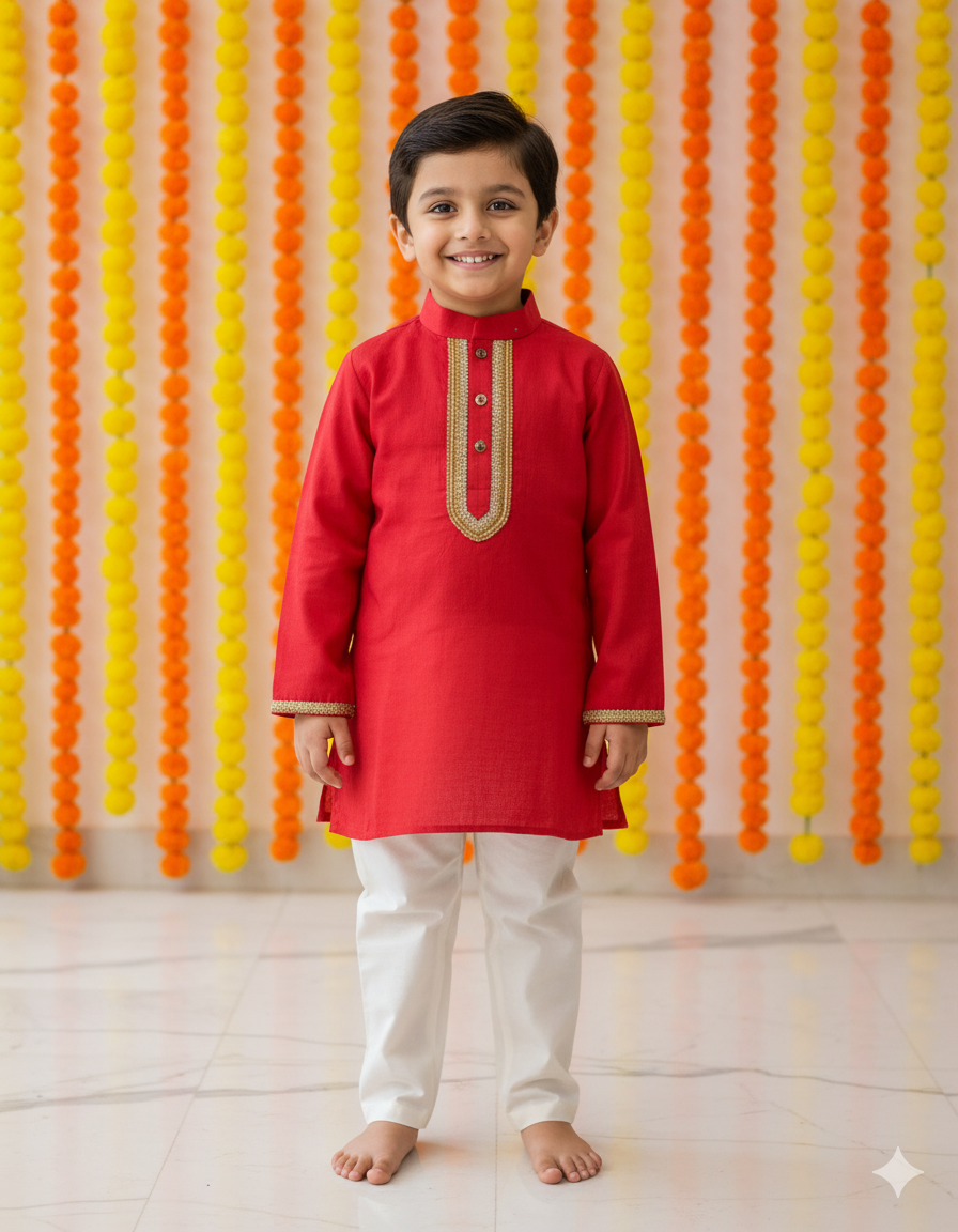 Sequin work red Kurta & pajama Set for boys