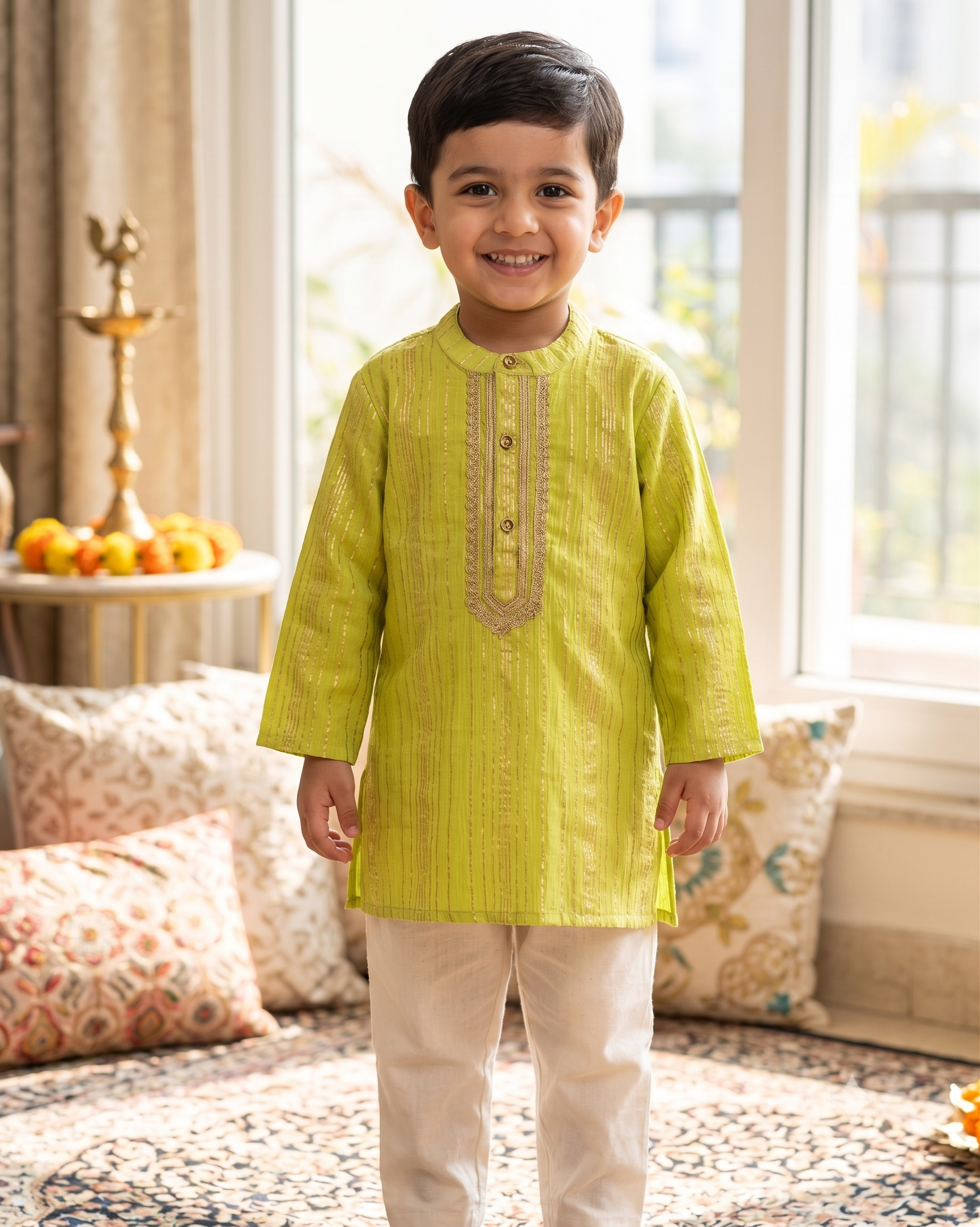 Boys Embroidered Lime Green Kurta & pajama Set in Cotton Lurex