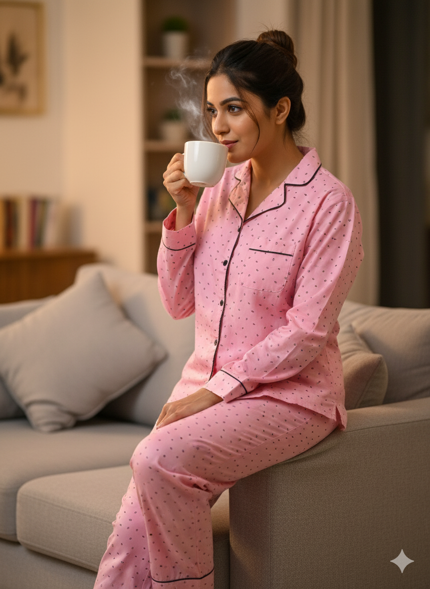 Pink leaves Print Nightsuit for Women