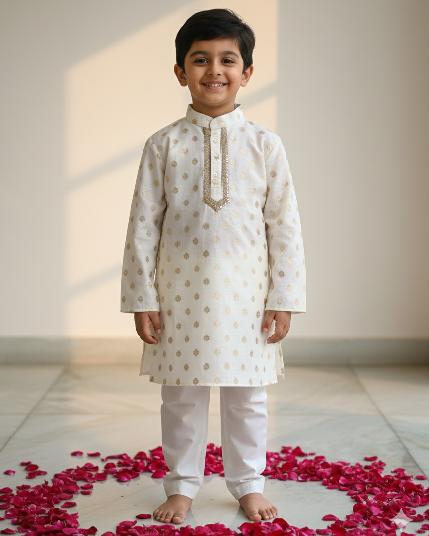 Sequin work Ivory Kurta & pajama Set for boys