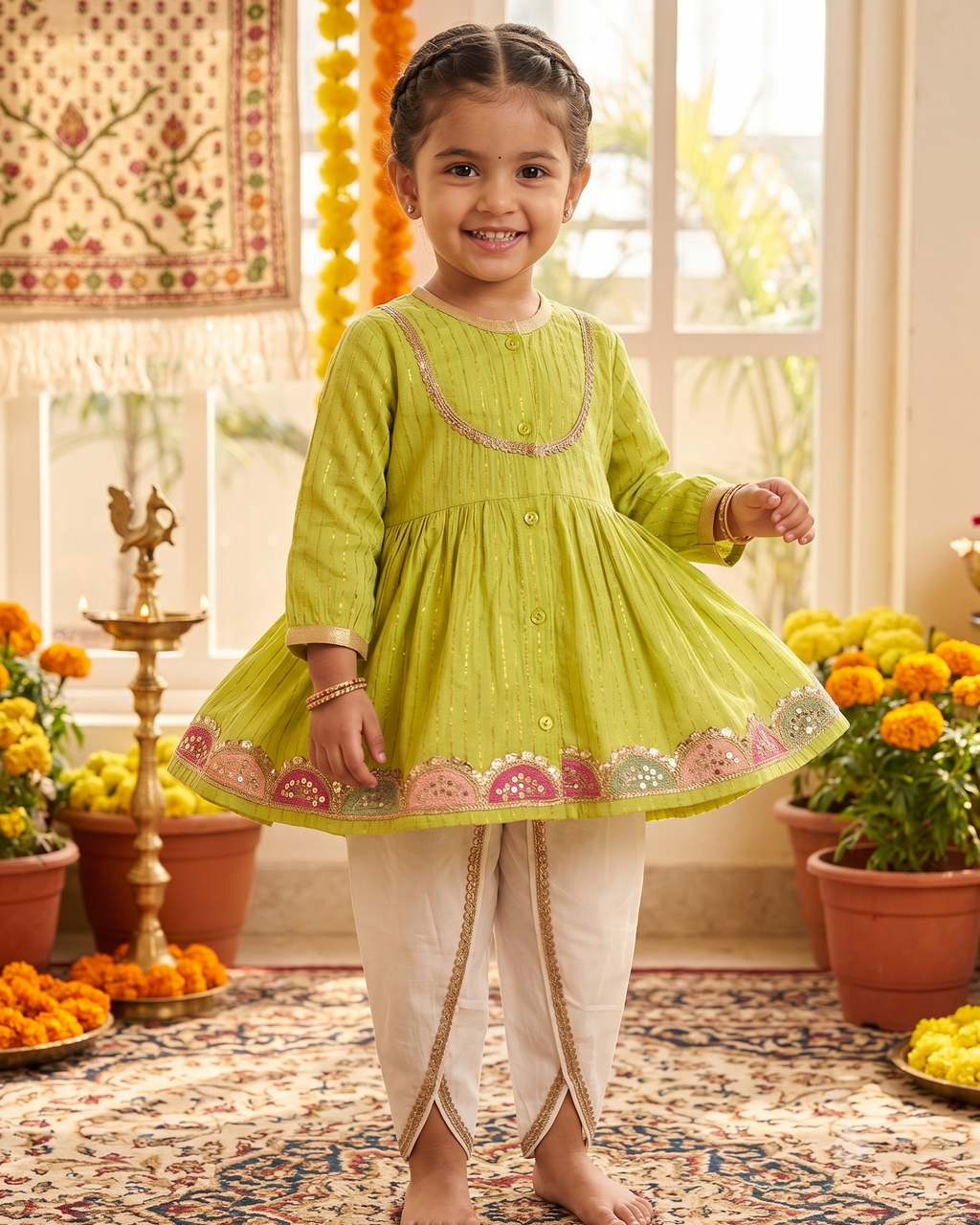 Embroidered Angrakha Kurta & dhoti Set for kids -green