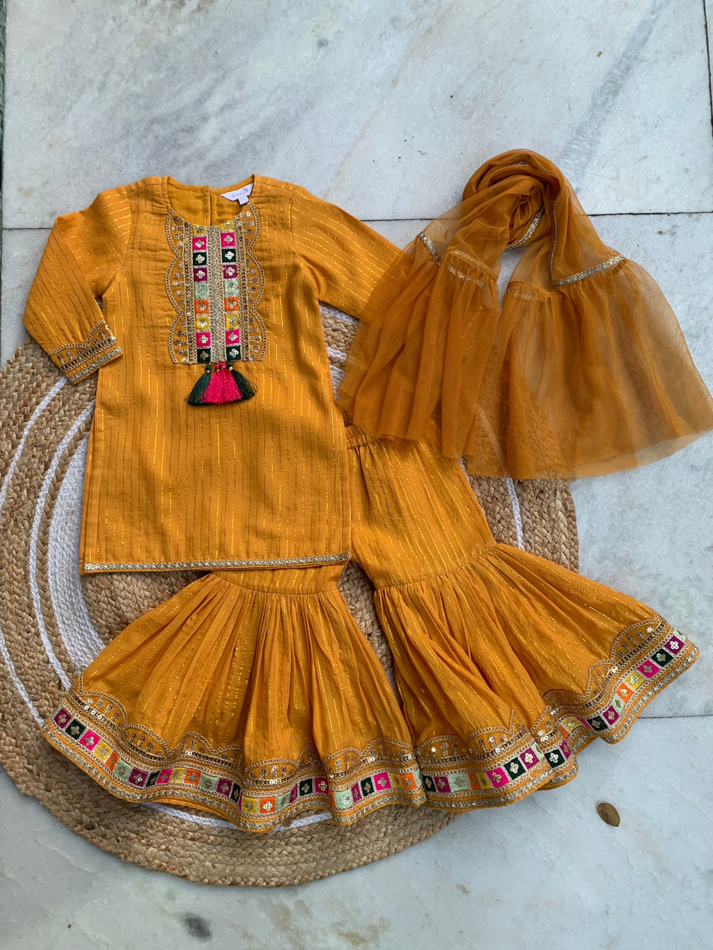 Multicolor Embroidered Girls Garara set in Shimmer