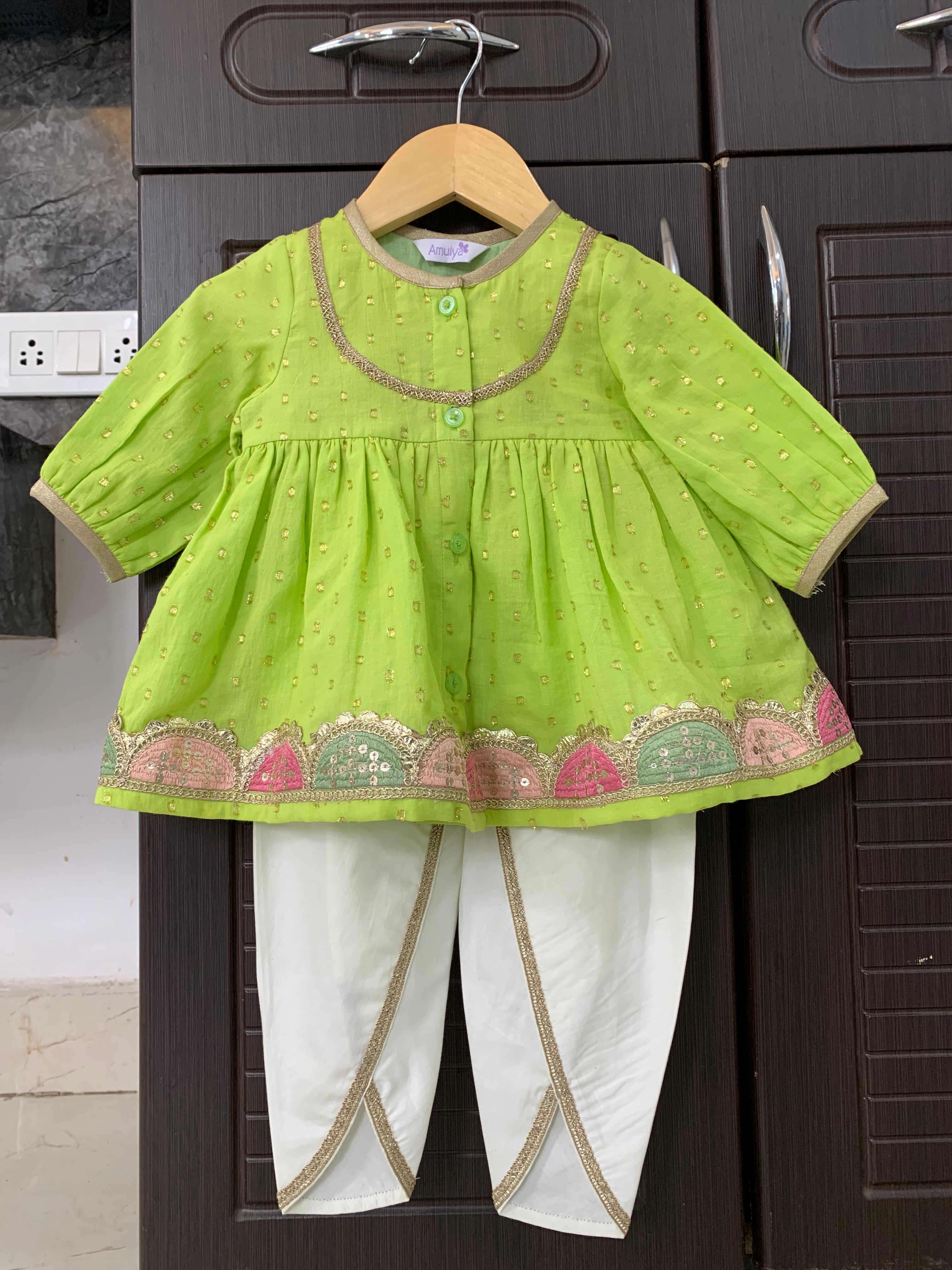 Embroidered Angrakha Kurta & dhoti Set for kids -green
