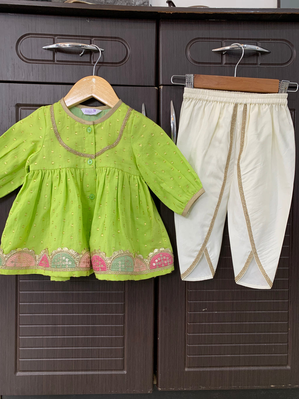 Embroidered Angrakha Kurta & dhoti Set for kids -green