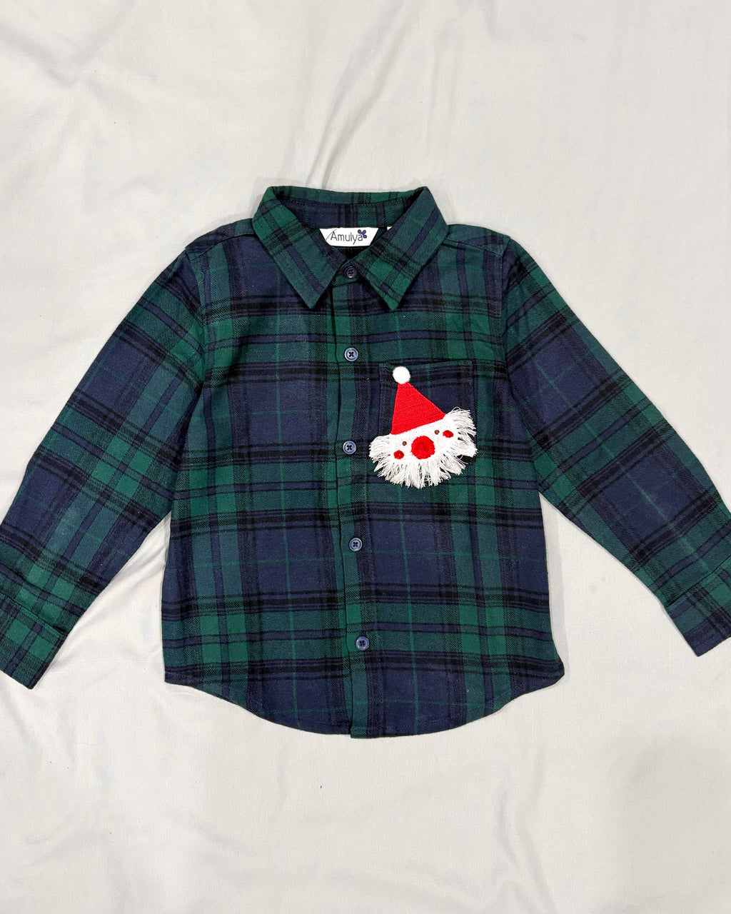 Santa Clause Embroidered Green Plaid Flannel Nightwear for kids