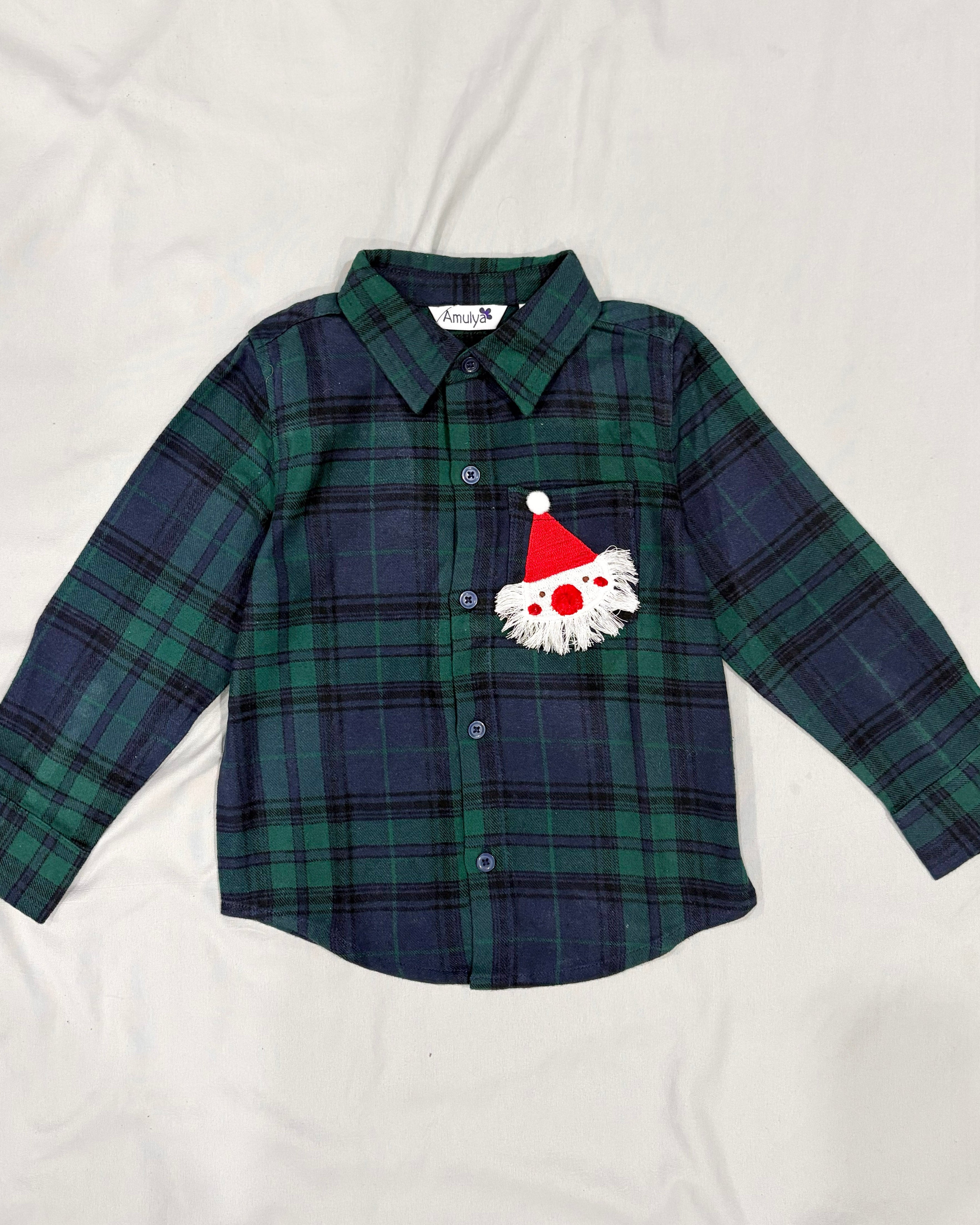 Santa Clause Embroidered Green Plaid Flannel Nightwear for kids