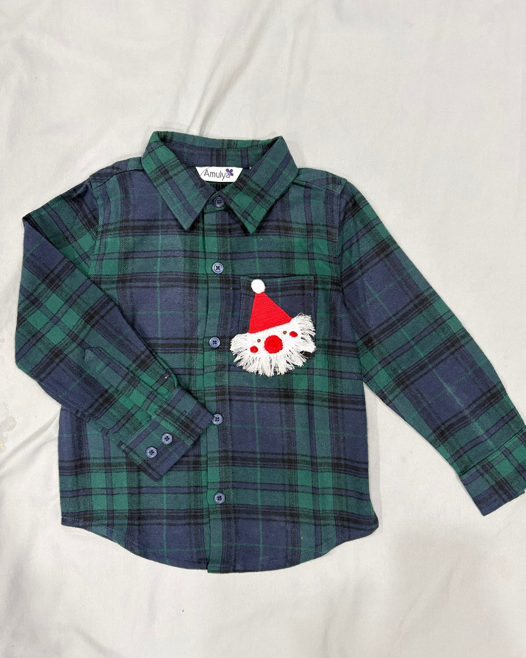 Santa Clause Embroidered Green Plaid Flannel Nightwear for kids