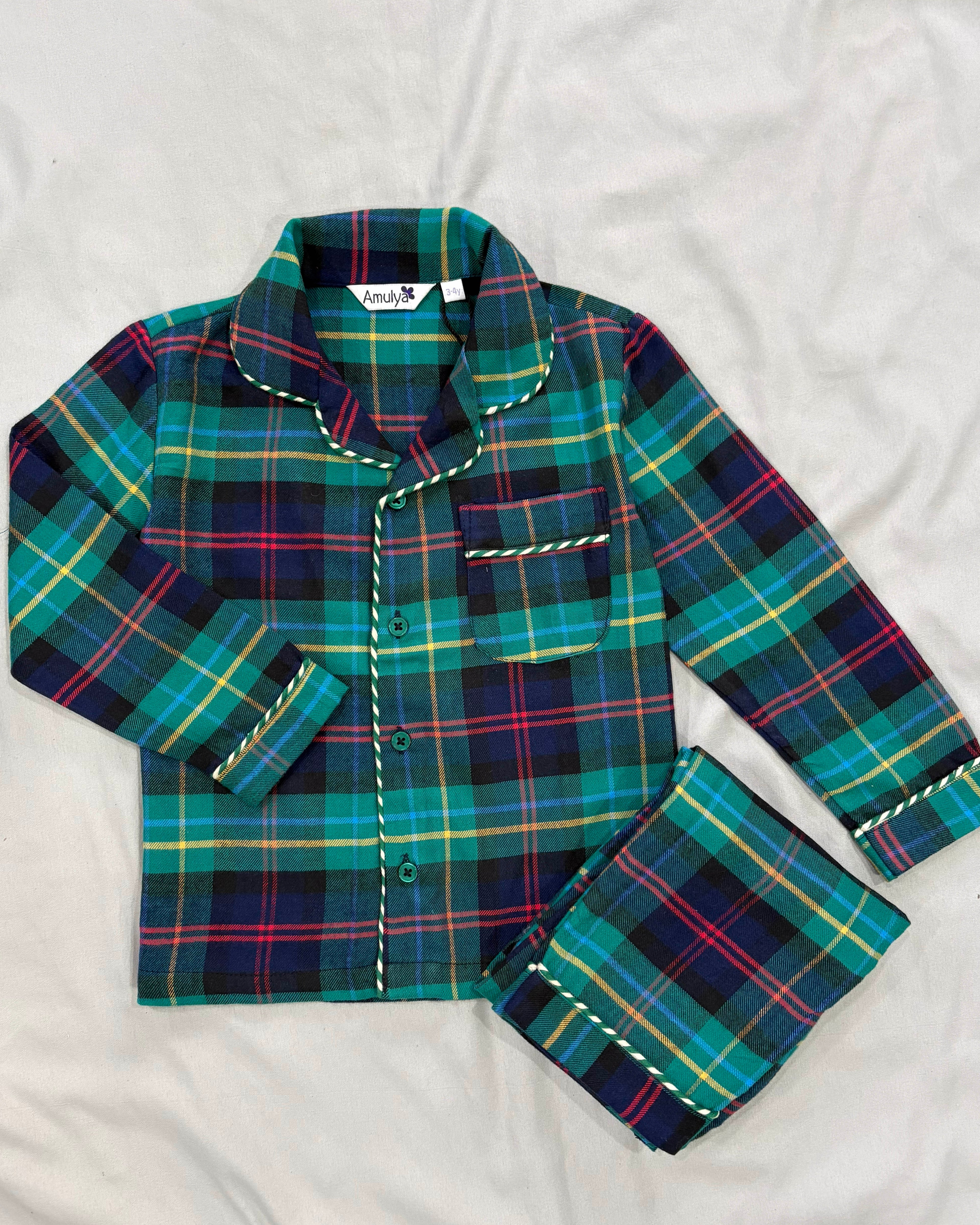 Green checks Flannel Nightwear for kids