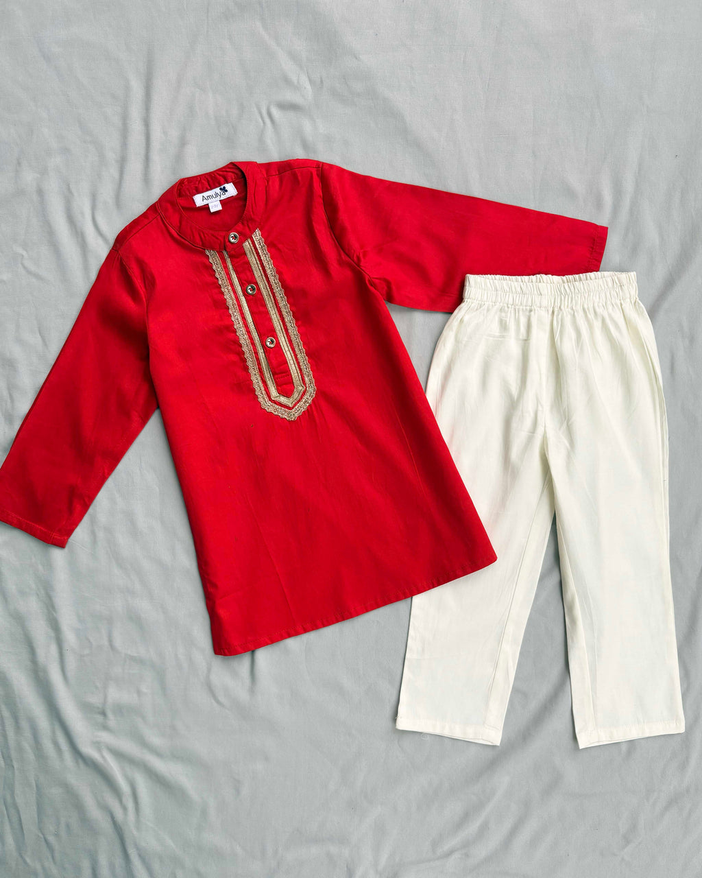 Boys Embroidered Red Kurta & pajama Set in Cotton Silk
