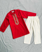 Boys Embroidered Red Kurta & pajama Set in Cotton Silk