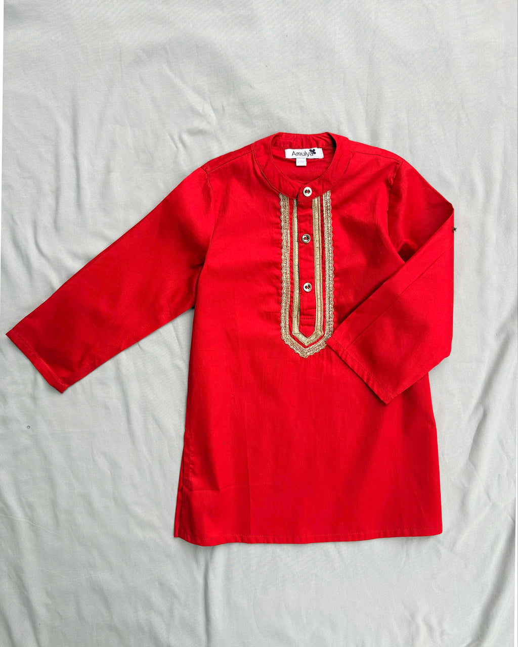 Boys Embroidered Red Kurta & pajama Set in Cotton Silk