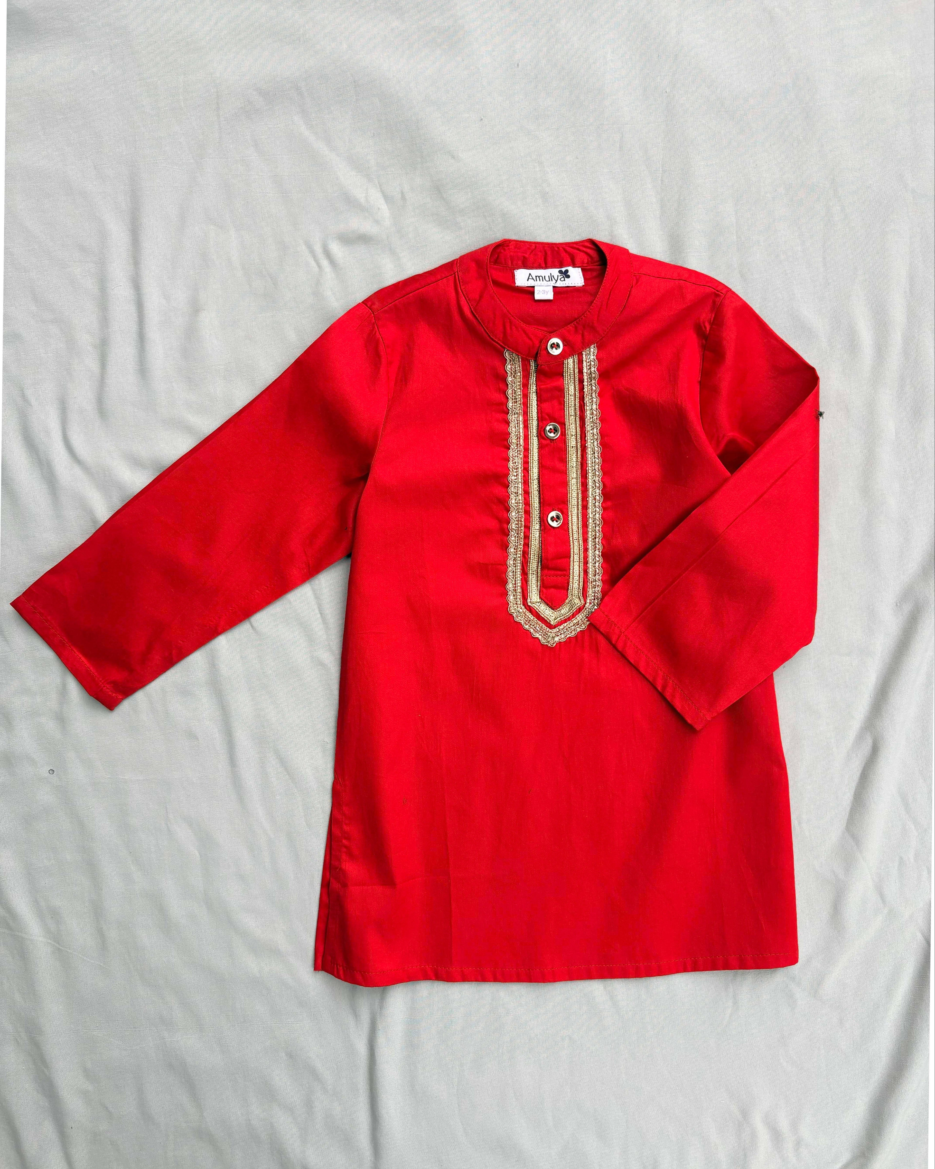 Boys Embroidered Red Kurta & pajama Set in Cotton Silk