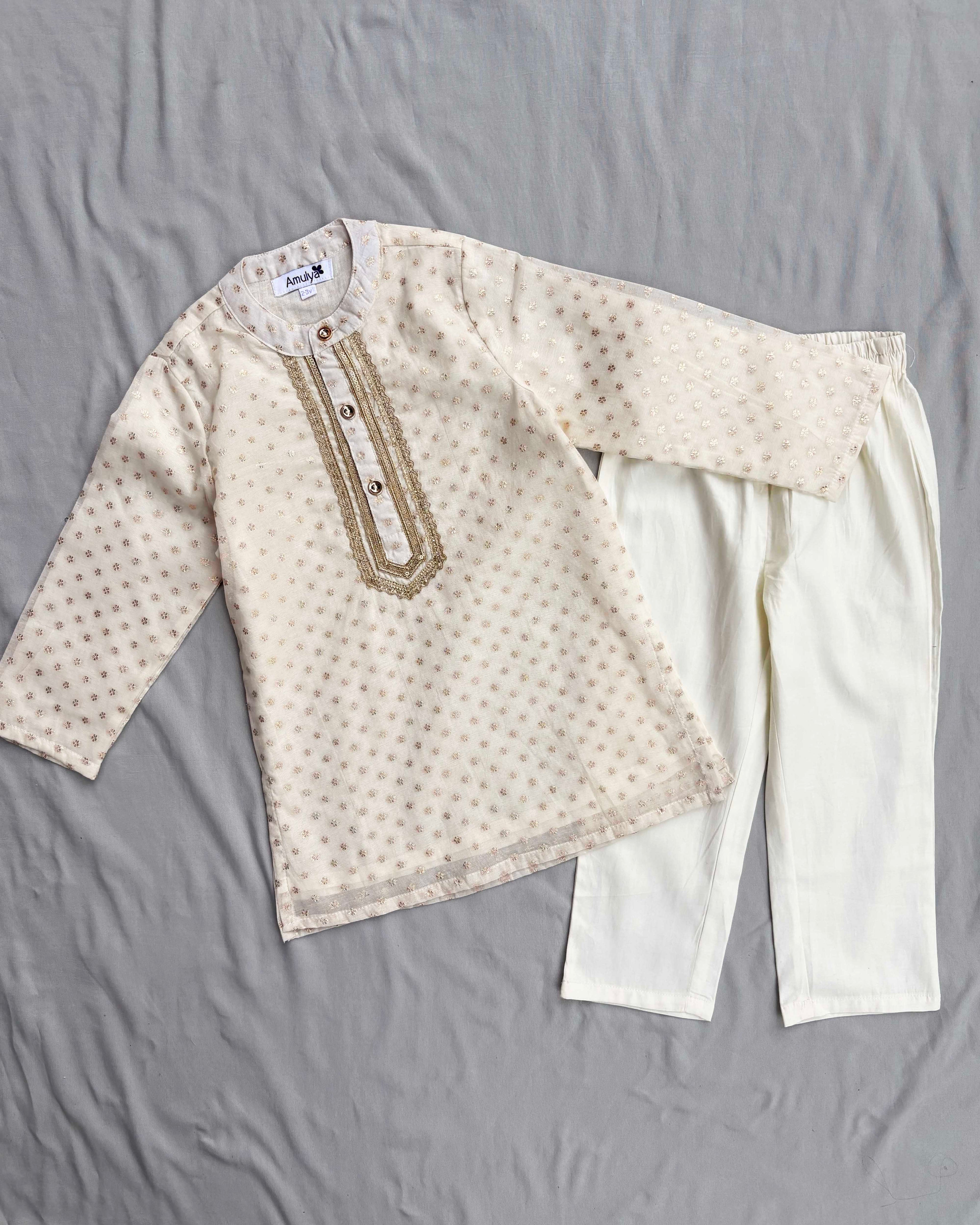 Boys embroidered kurta pajama set in Chanderi Silk-lined with pure cotton