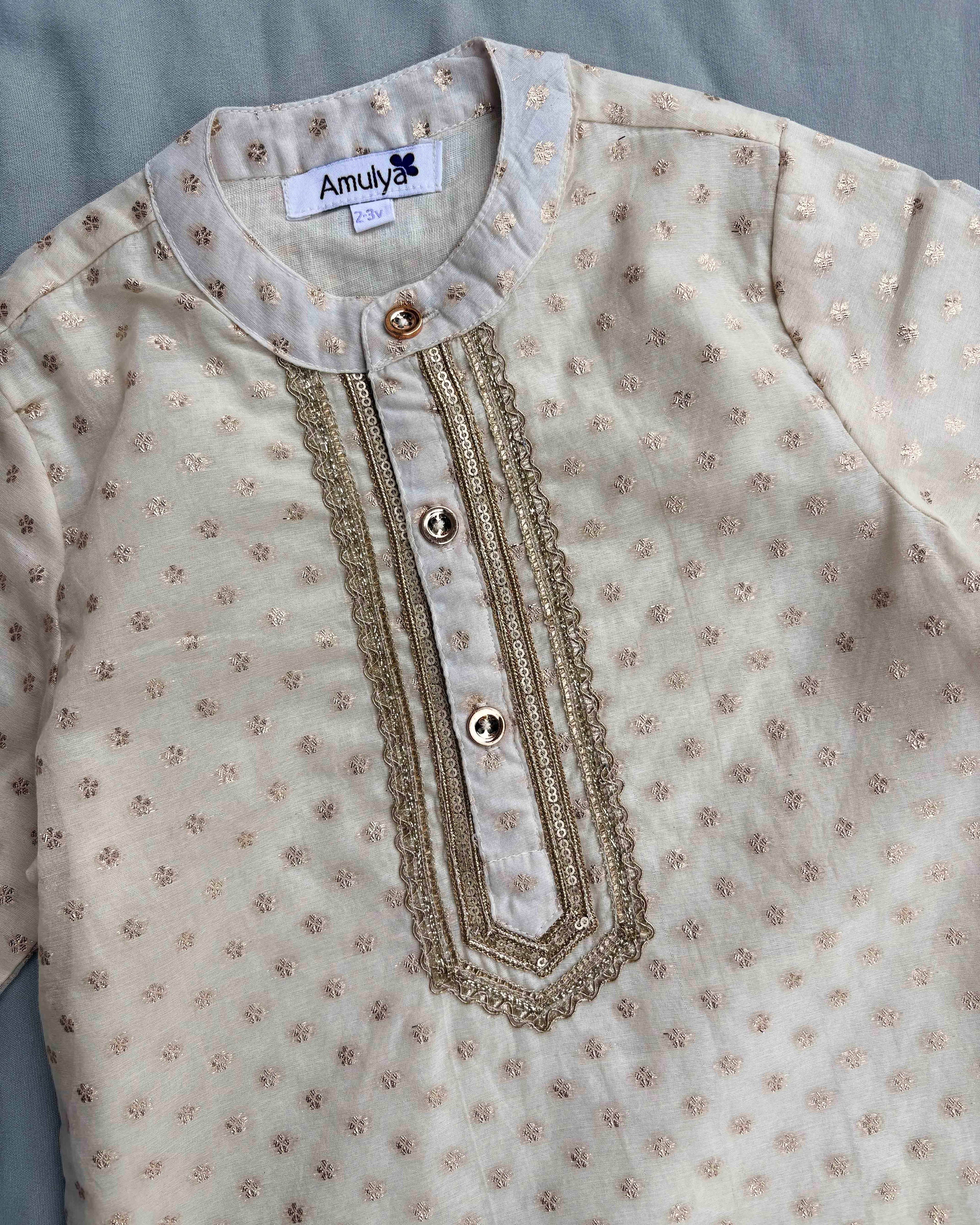 Boys embroidered kurta pajama set in Chanderi Silk-lined with pure cotton
