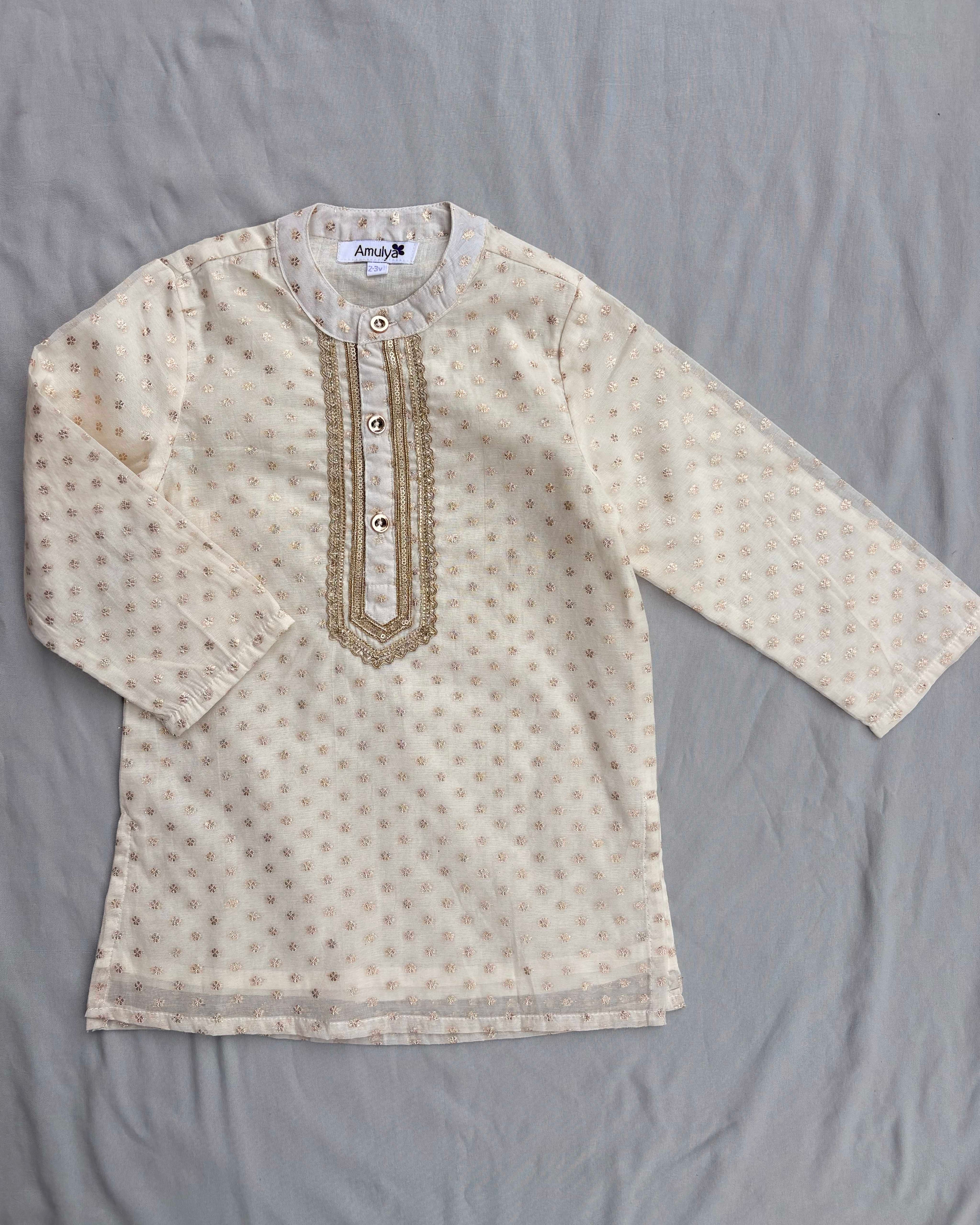 Boys embroidered kurta pajama set in Chanderi Silk-lined with pure cotton