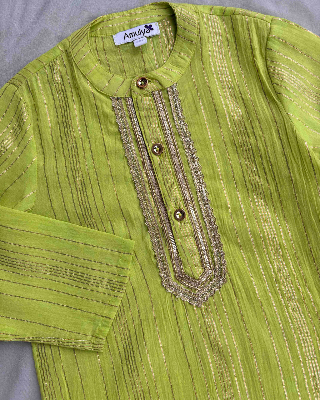 Boys Embroidered Lime Green Kurta & pajama Set in Cotton Lurex