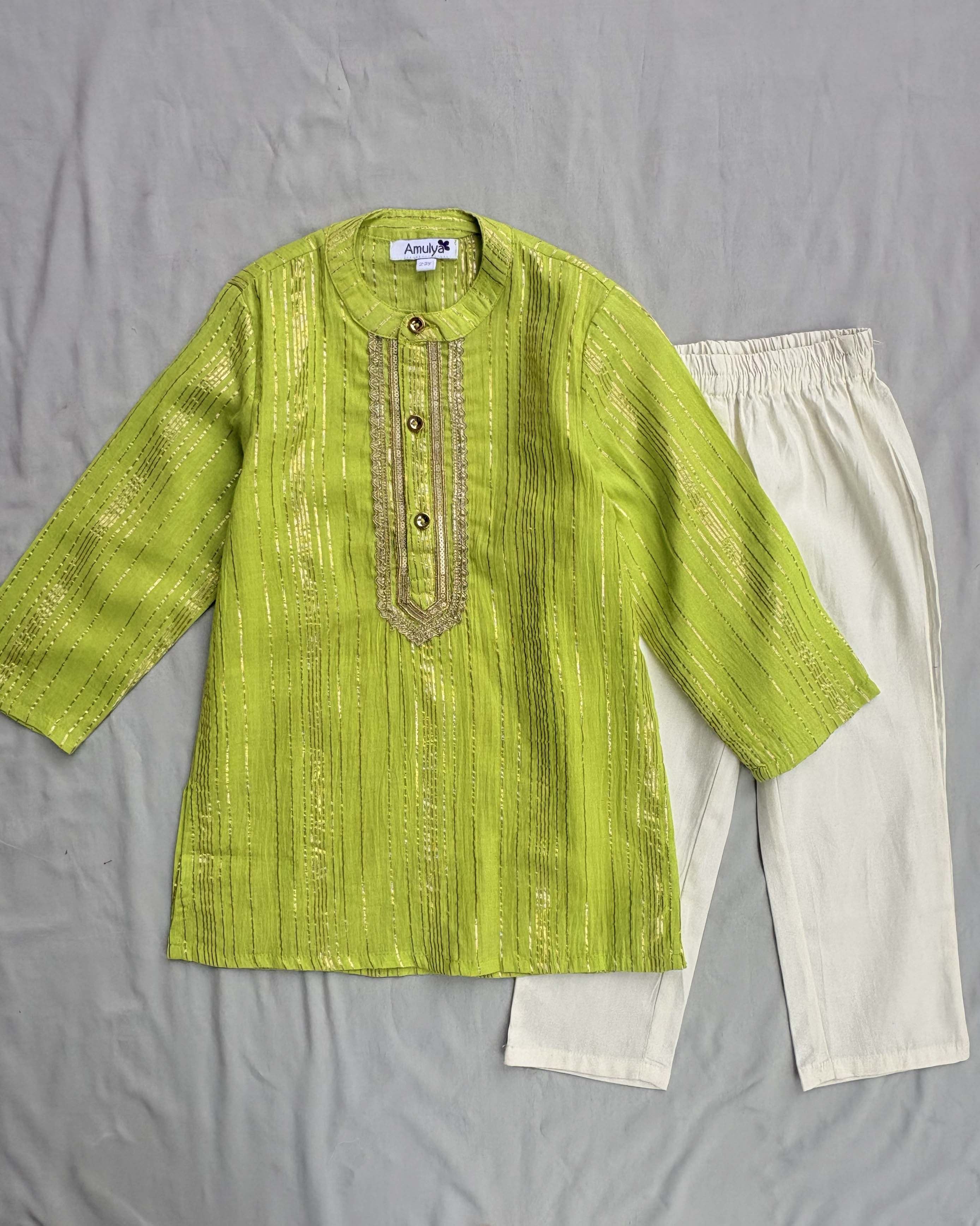 Boys Embroidered Lime Green Kurta & pajama Set in Cotton Lurex