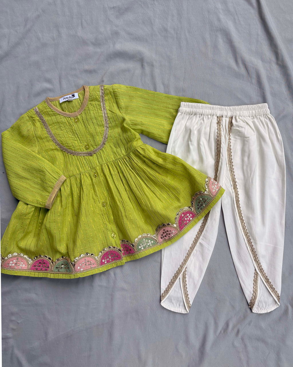 Embroidered Angrakha Kurta & dhoti Set for kids -green