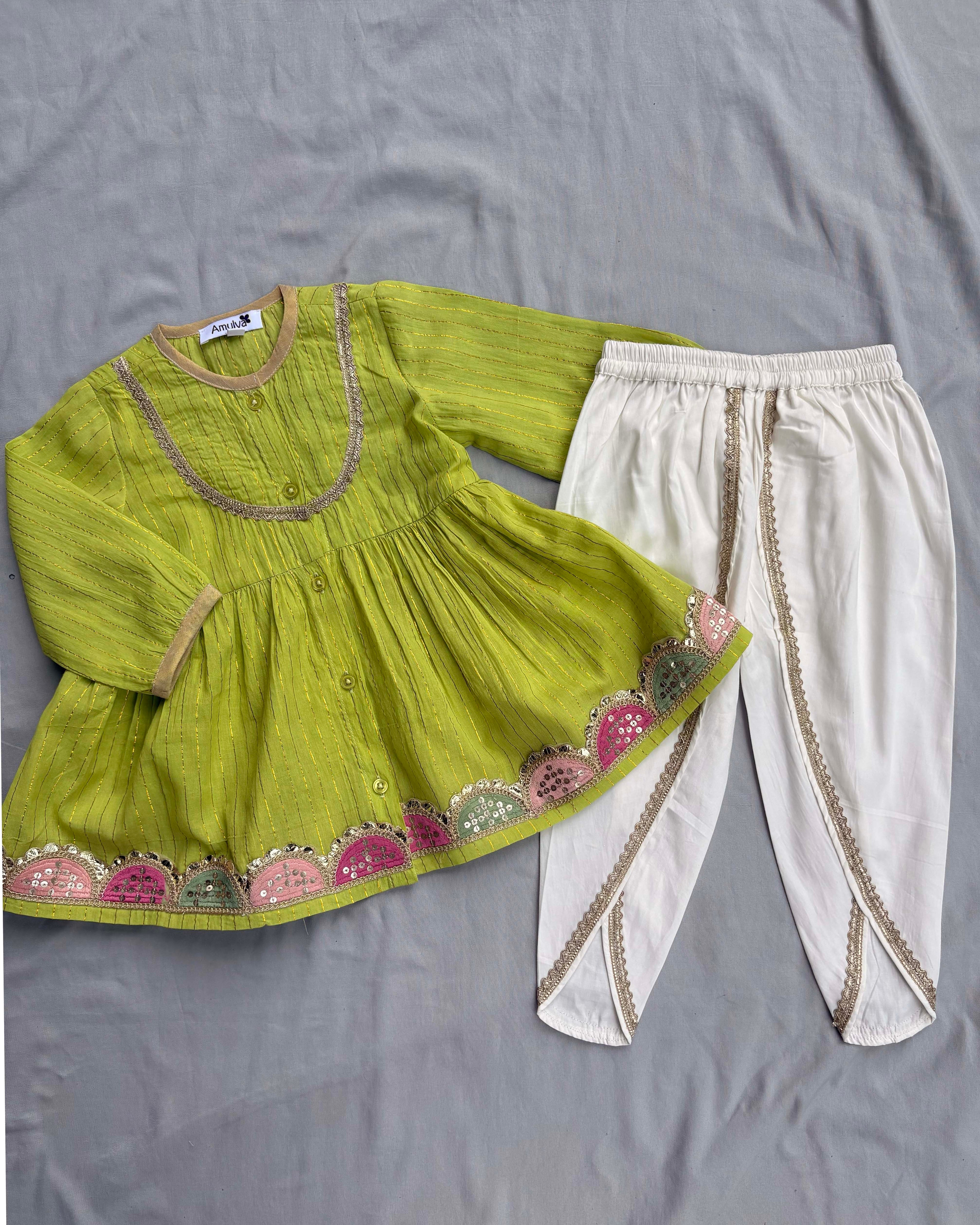Embroidered Angrakha Kurta & dhoti Set for kids -green