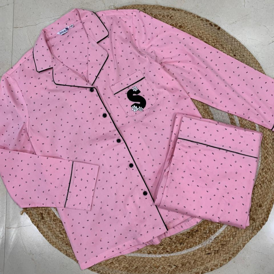 Pink leaves Print Nightsuit for Women