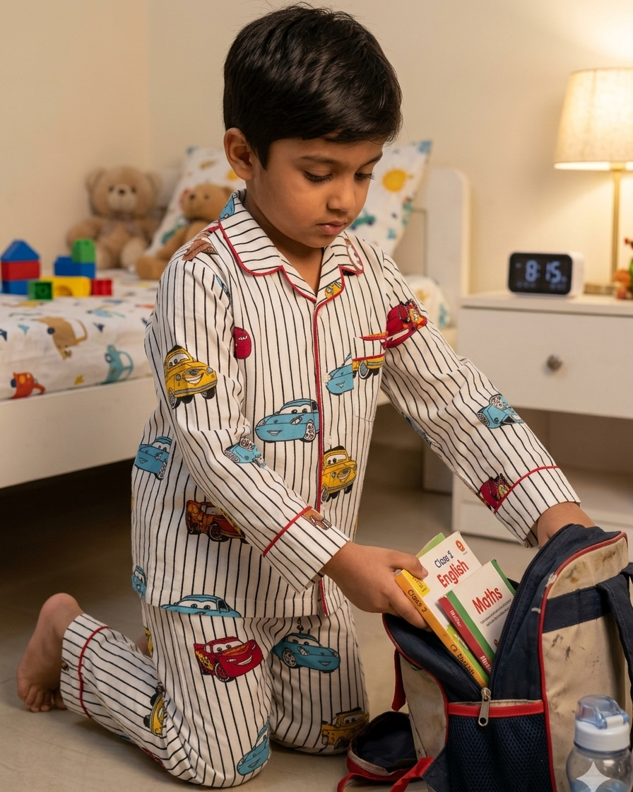 White Cars Print Nightsuit for Kids