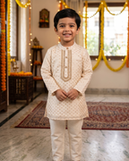 Boys embroidered kurta pajama set in Chanderi Silk-lined with pure cotton