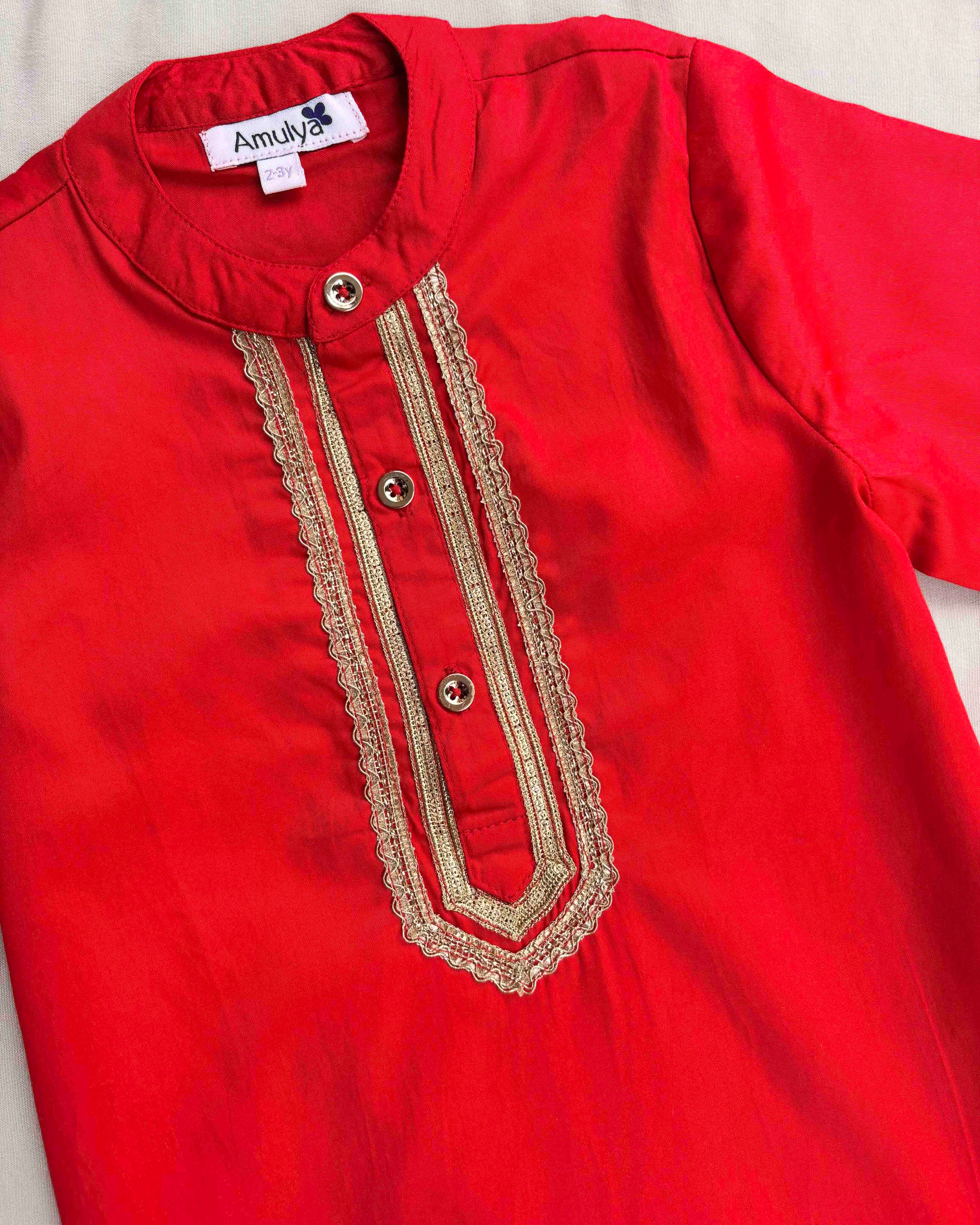 Boys Embroidered Red Kurta & pajama Set in Cotton Silk
