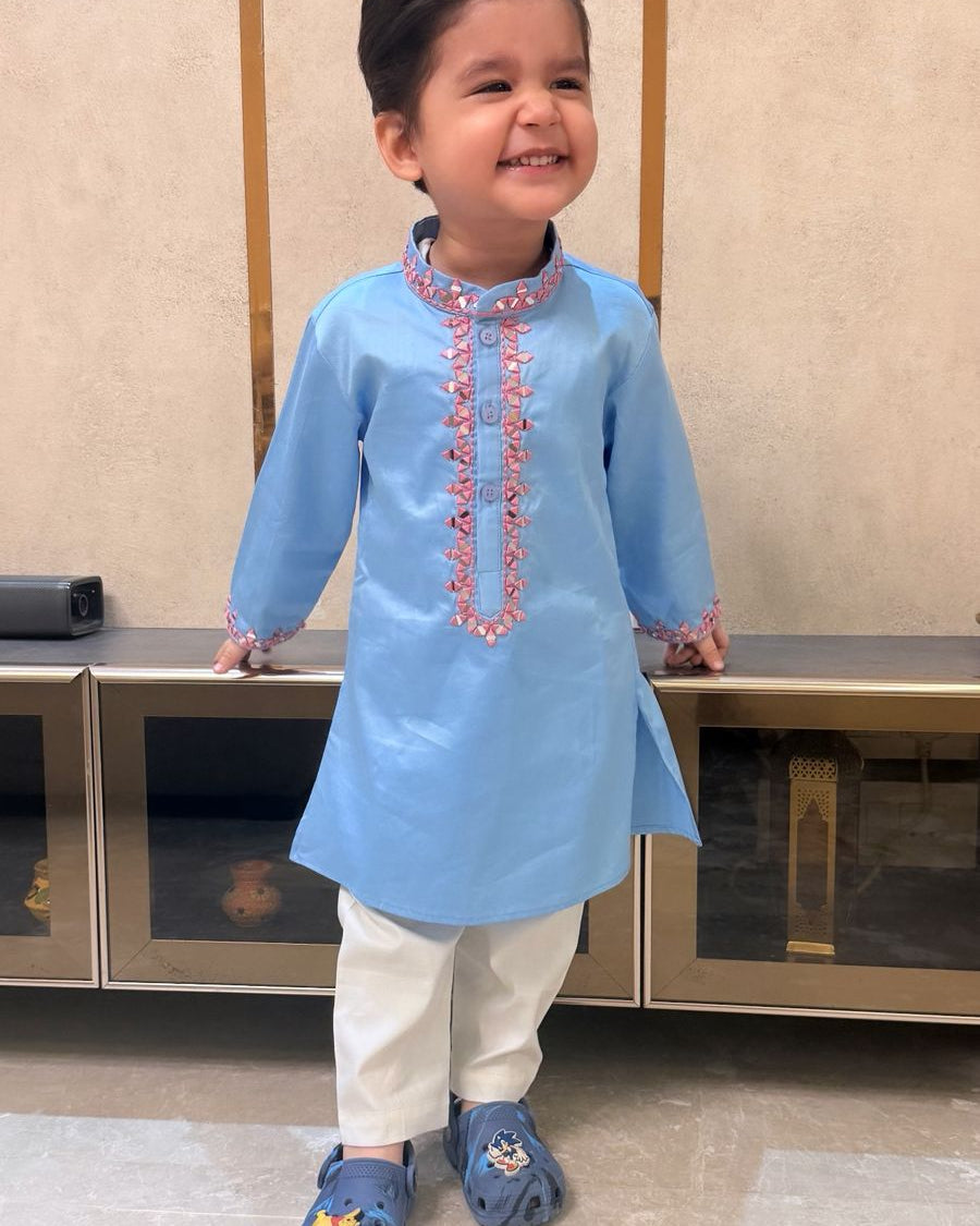 Mirror Work blue Kurta & pajama Set for boys