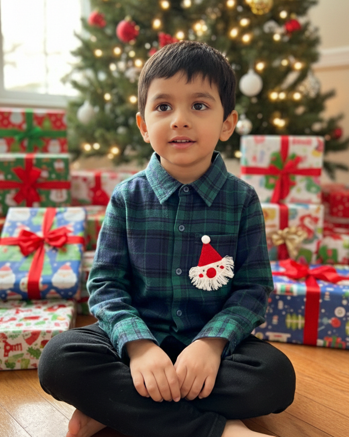 Santa Clause Embroidered Green Plaid Flannel Nightwear for kids